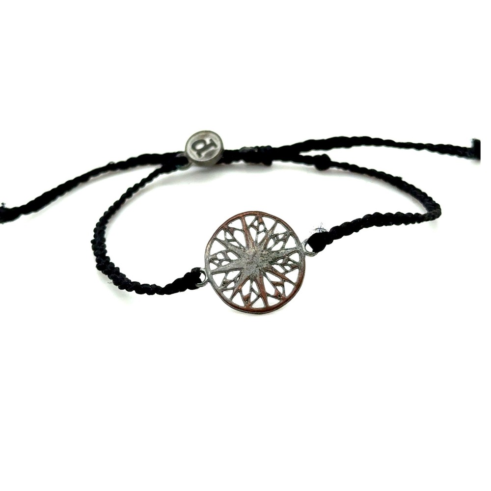Pura Vida Womens Black Cord Adjustable Bracelet Silver Sunburst Charm Boho
